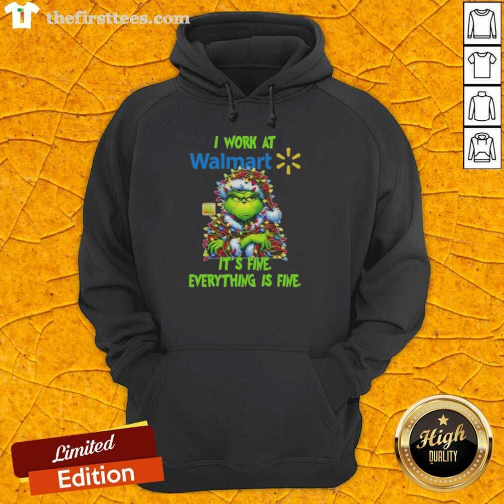 Alt Text: Premium Grinch Christmas Tree hoodie from Walmart, featuring a playful design with It's Fine, Everything Is Fine text.