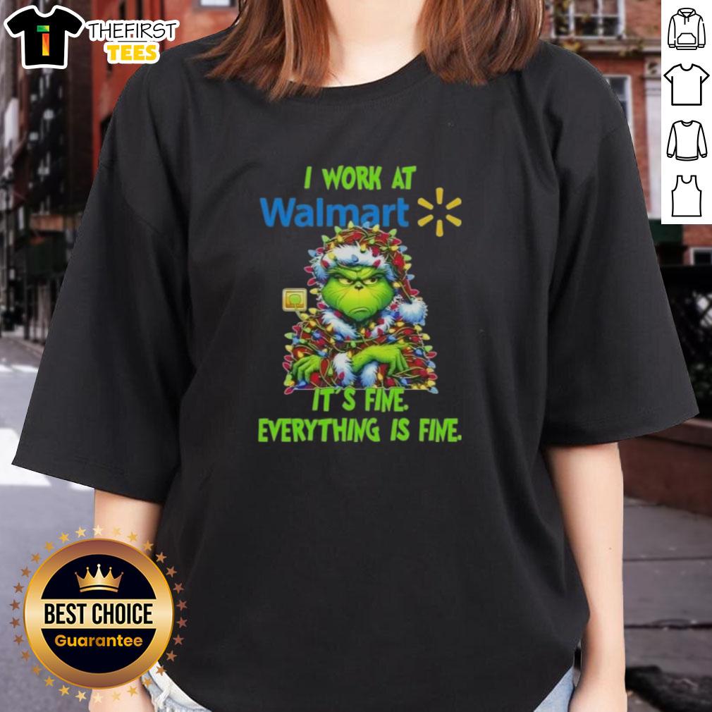Premium Grinch Christmas Tree tee available at Walmart, featuring 'I work at it's fine, everything is fine' design for ladies.