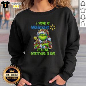 Cozy Premium Grinch Christmas Tree sweatshirt from Walmart, featuring a festive design and humorous 'It's Fine' phrase.