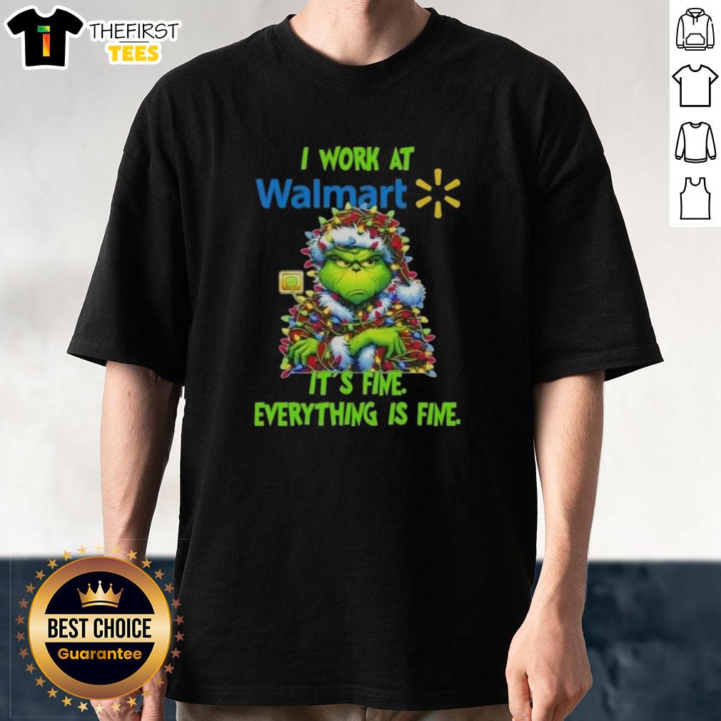 Premium Grinch Christmas Tree T-Shirt from Walmart: 'I Work At Its Fine, Everything Is Fine' festive design.