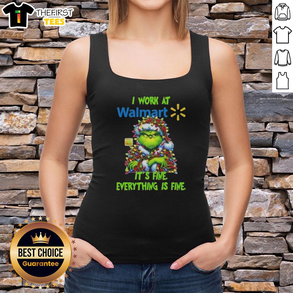 Premium Grinch Christmas Tree tank top from Walmart, featuring a playful design: 'I Work At It's Fine Everything Is Fine.'