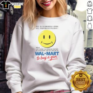 Premium sweatshirt featuring 'Hello, I Am Fleeing The American Century Of Humiliation, Can You Take Me To Store To Buy A Gun' design.