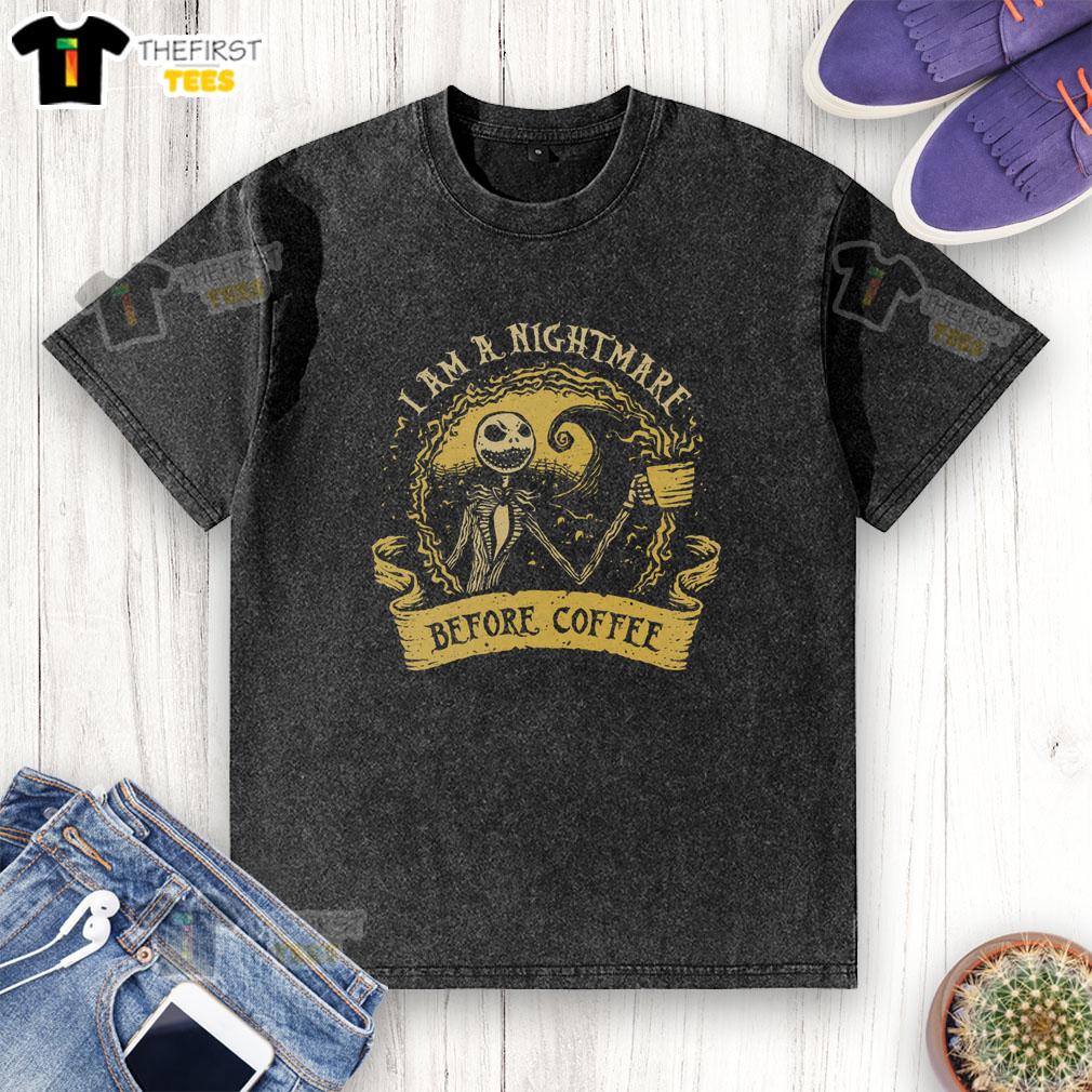Alt Text: Premium I Am A Nightmare Before Coffee washed t-shirt featuring a whimsical design perfect for coffee lovers.
