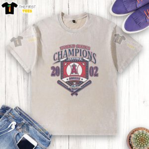 Alt Text: Premium Los Angeles Angels White Arch Washed T-Shirt celebrating Anaheim Angels World Series Champions.