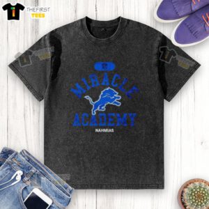 Alt Text: Premium NFL Detroit Lions Miracle Academy Nahmias washed t-shirt in blue, perfect for fans and casual wear.