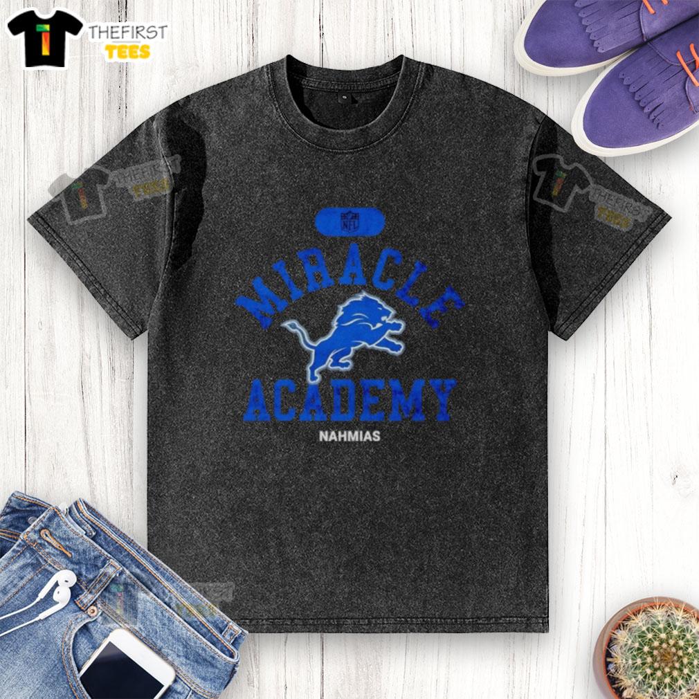 Alt Text: Premium NFL Detroit Lions Miracle Academy Nahmias washed t-shirt in blue, perfect for fans and casual wear.