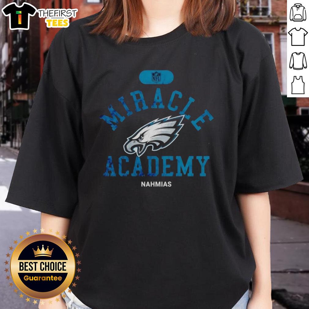 Alt Text: Premium NFL Philadelphia Eagles Miracle Academy Nahmias Ladies Tee featuring team colors and logo, perfect for fans.