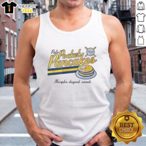 Premium Pats Pocket Pancakes Murph's Dugout snack signature tank top displayed on a wooden background, showcasing vibrant design.