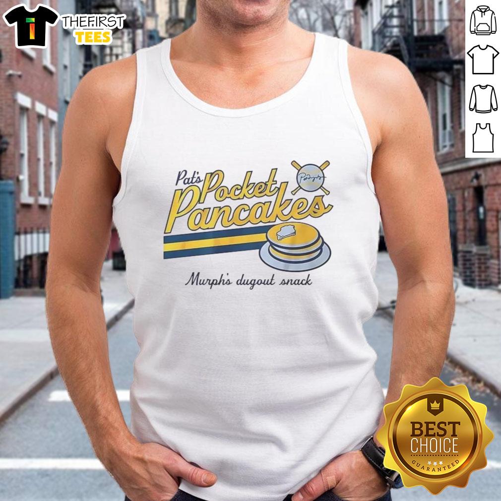 Premium Pats Pocket Pancakes Murph's Dugout snack signature tank top displayed on a wooden background, showcasing vibrant design.