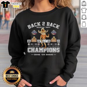 Premium Texas Longhorns sweatshirt celebrating back-to-back Golden Hat Trophy champions over Oklahoma Sooners 2025.