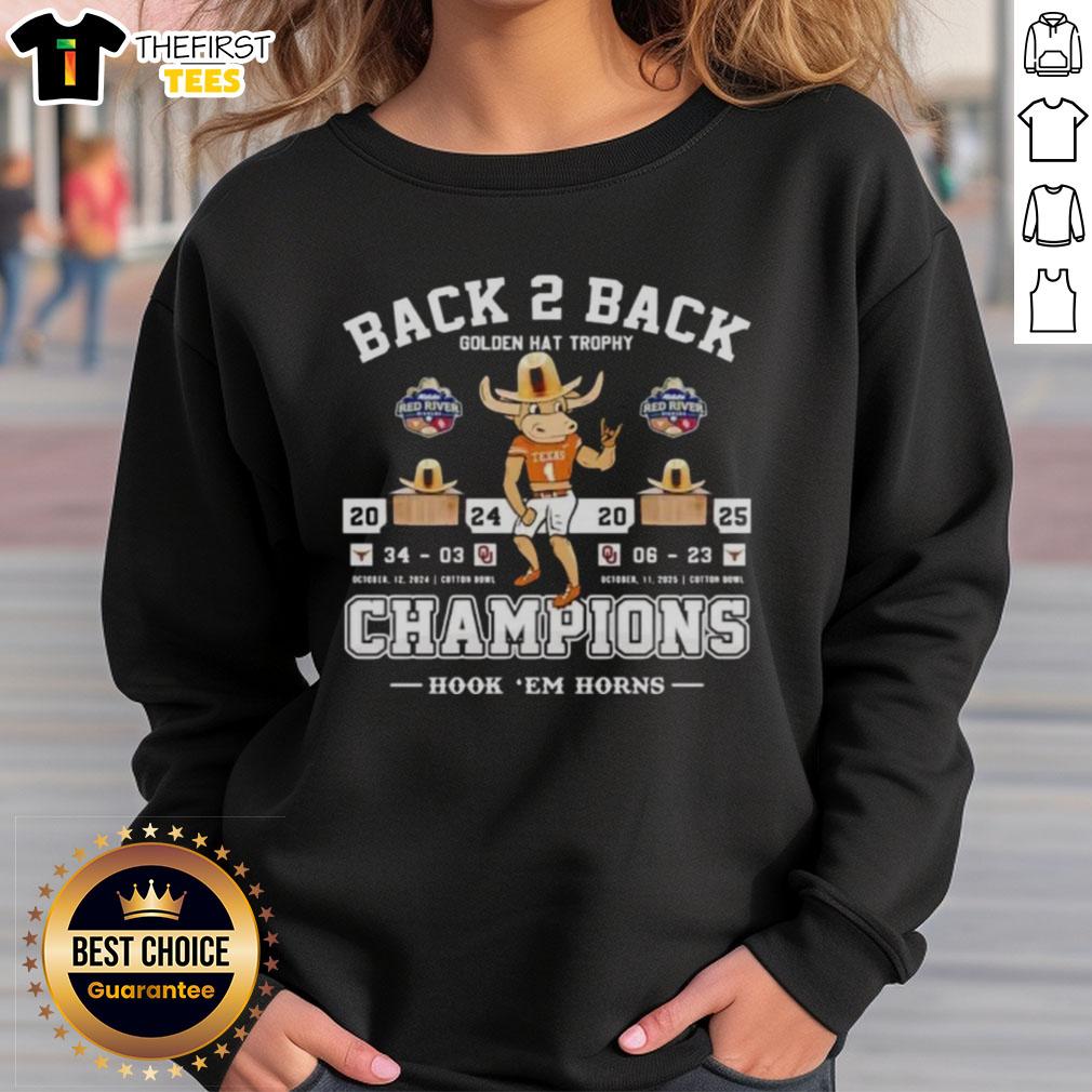 Premium Texas Longhorns sweatshirt celebrating back-to-back Golden Hat Trophy champions over Oklahoma Sooners 2025.