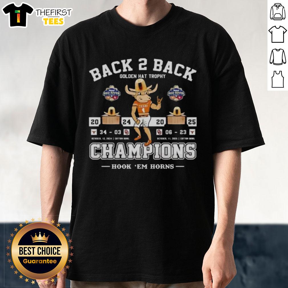 Premium Texas Longhorns vs Oklahoma Sooners Golden Hat Trophy Champions 2025 T-Shirt featuring team logos and vibrant design.