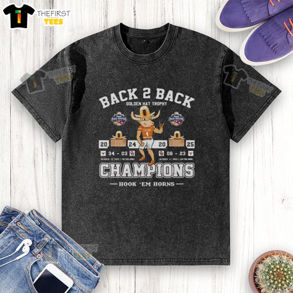Premium Texas Longhorns beat Oklahoma Sooners Back-to-Back Golden Hat Trophy Champions 2025 washed t-shirt design.