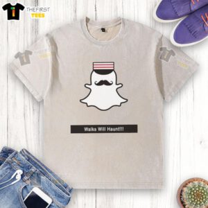 Premium Walks Will Haunt Snap Ghost Washed T-Shirt featuring a spooky ghost design on a trendy, soft fabric.