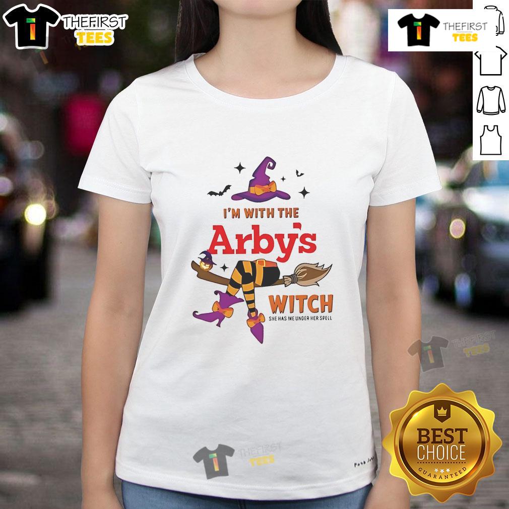 Pretty Arbys Halloween ladies tee featuring a witch design with the phrase 'She has me under her spell' in spooky fonts.