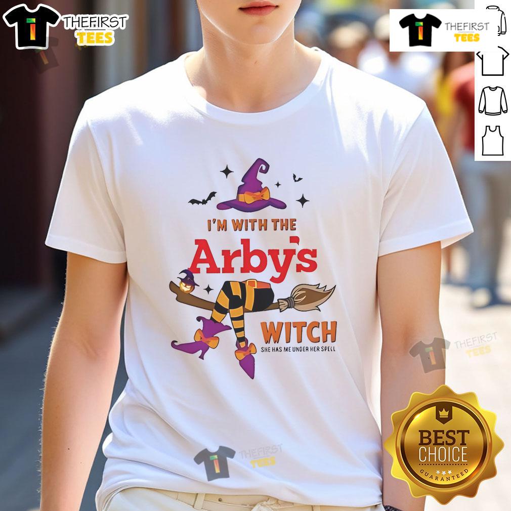 Pretty Arby's 'I'm With The Witch, She Has Me Under Her Spell' Halloween T-Shirt featuring a fun spooky design.