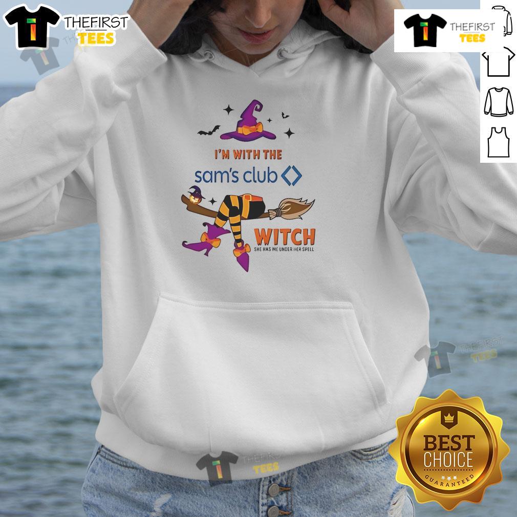 Alt Text: Halloween hoodie featuring 'I'm with the witch, she has me under her spell' design from Pretty Sam's Club.