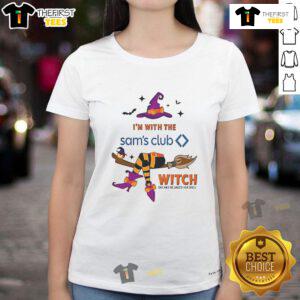 Pretty Sam's Club Halloween ladies tee featuring 'I'm With The Witch, She Has Me Under Her Spell' design.