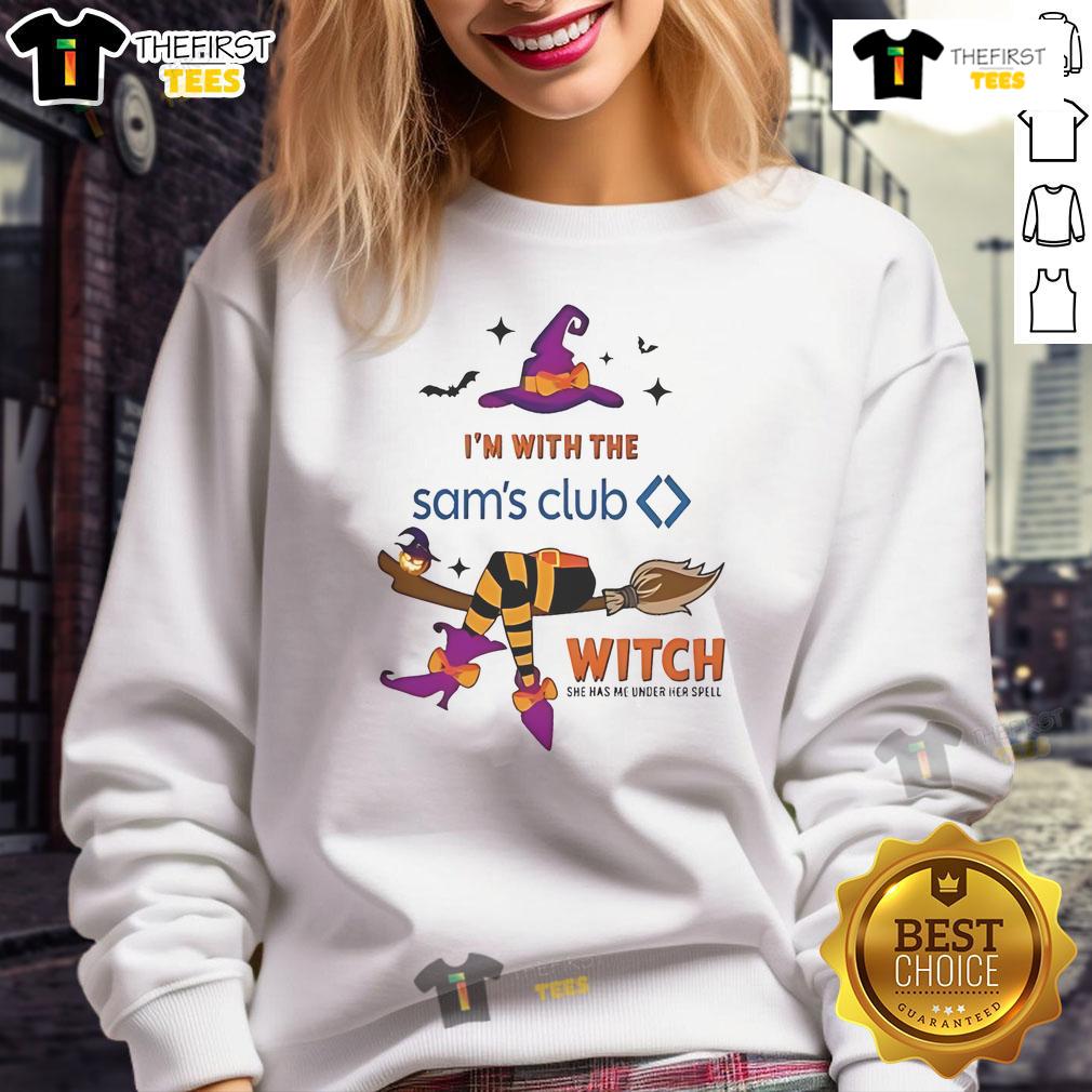 Pretty Sams Club Halloween sweatshirt featuring 'I'm With The Witch, She Has Me Under Her Spell' design.