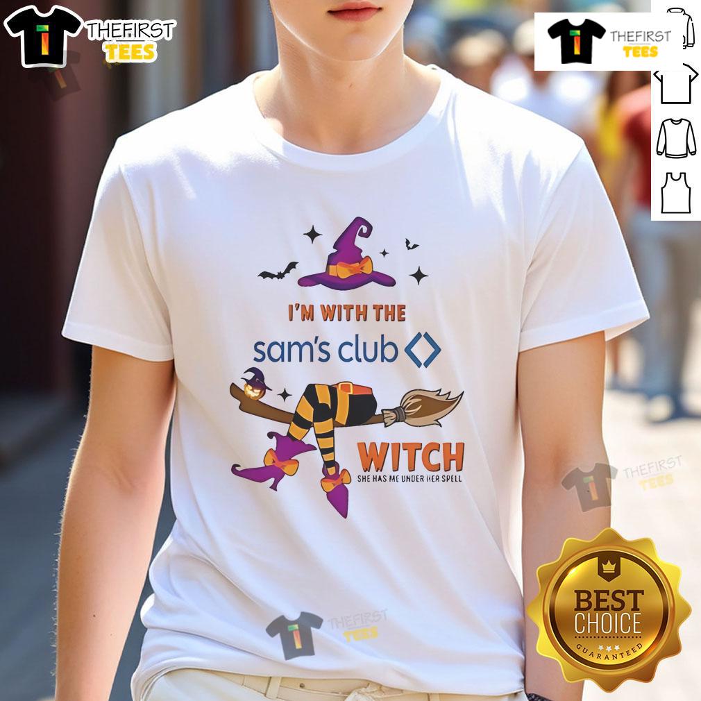 Alt Text: Pretty Sam's Club Halloween t-shirt featuring 'I'm With The Witch, She Has Me Under Her Spell' design.