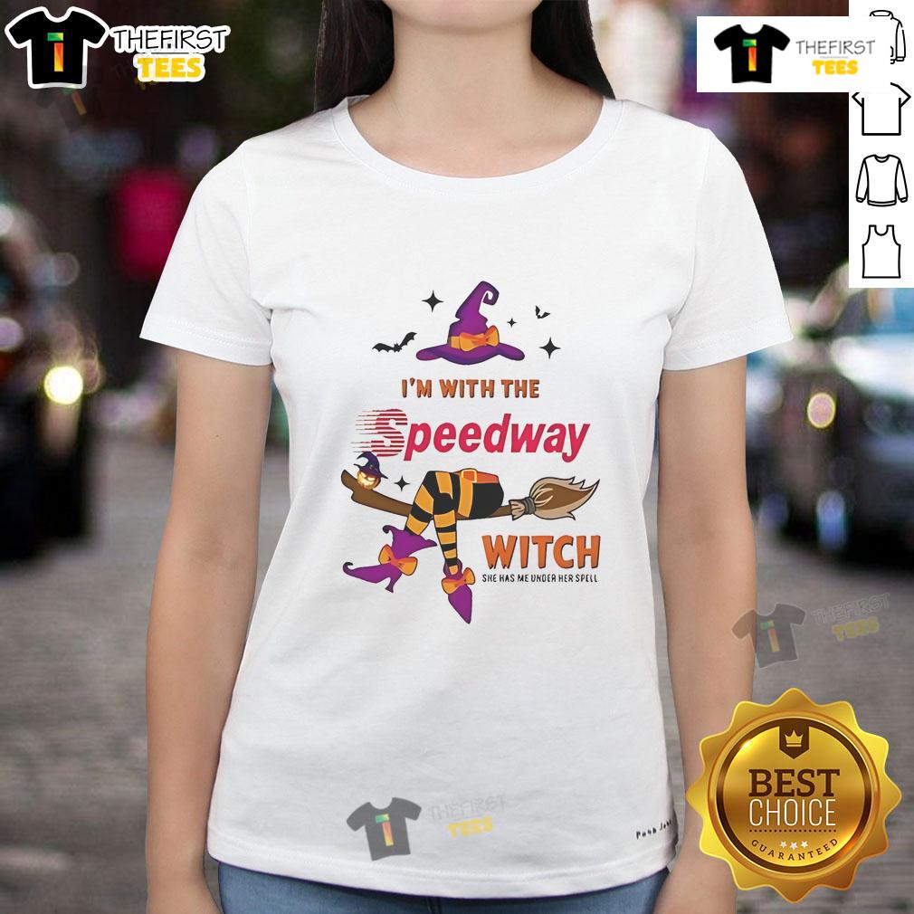 Pretty Speedway Halloween ladies tee featuring a witch and spell design, perfect for spooky season celebrations.