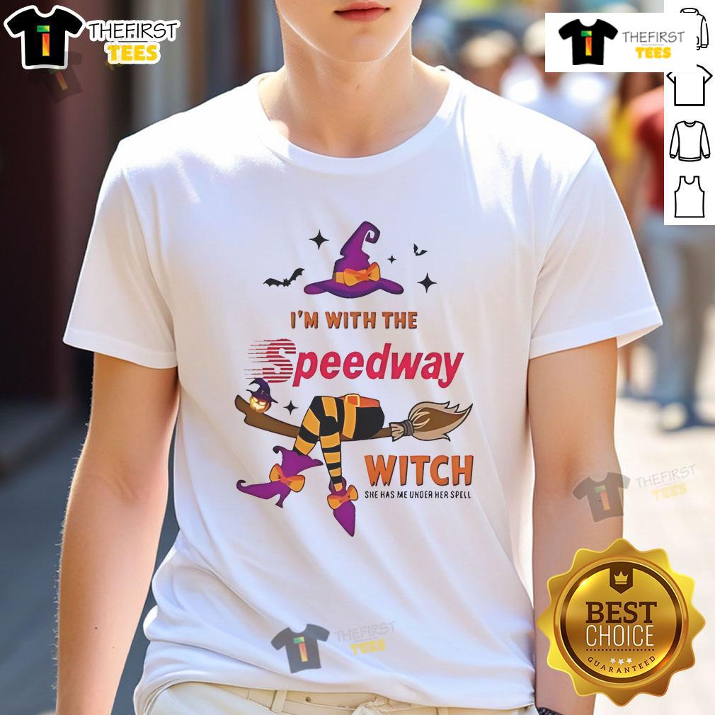 Alt Text: Pretty Speedway Halloween T-Shirt featuring 'I'm With The Witch, She Has Me Under Her Spell' design.