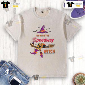 Pretty Speedway Halloween washed t-shirt featuring a witch casting a spell, perfect for festive spooky season attire.