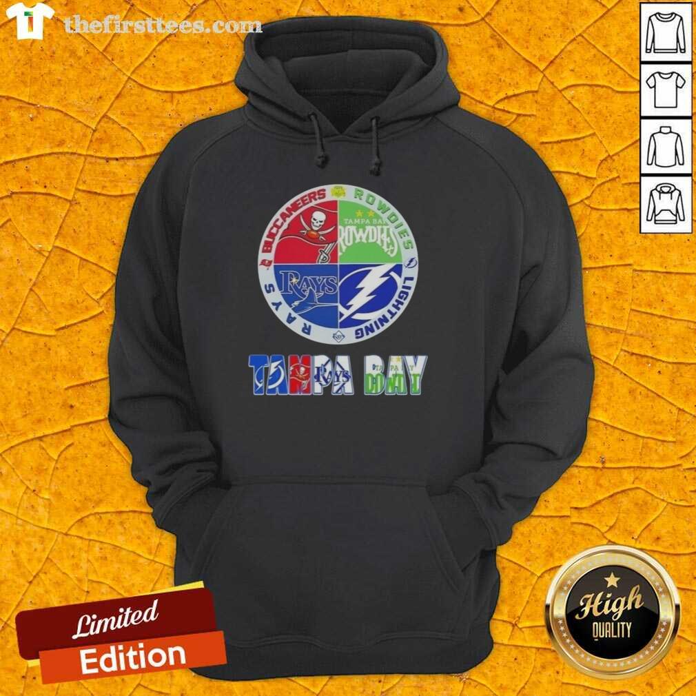 Stylish hoodie featuring Tampa Bay sports logos: Buccaneers, Rowdies, Lightning, and Rays for fans and athletes.