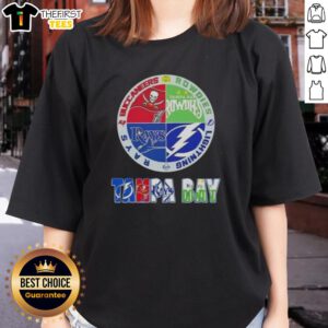 Pretty Tampa Bay Sports logos on ladies tee featuring Buccaneers, Rowdies, Lightning, and Rays for fans.