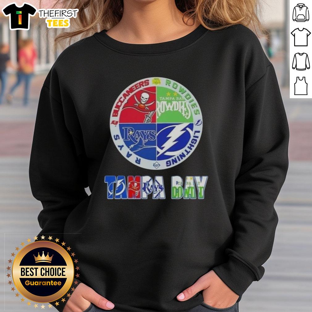 Cozy sweatshirt featuring logos of Tampa Bay sports teams: Buccaneers, Rowdies, Lightning, and Rays.