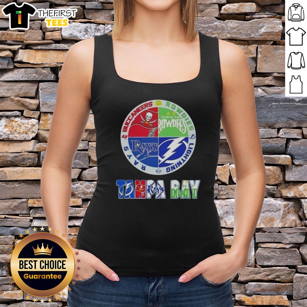 Alt Text: Stylish tank top featuring Tampa Bay sports logos: Buccaneers, Rowdies, Lightning, and Rays for fans.