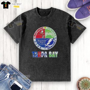 Pretty Tampa Bay Sports logos on a washed t-shirt featuring Buccaneers, Rowdies, Lightning, and Rays.