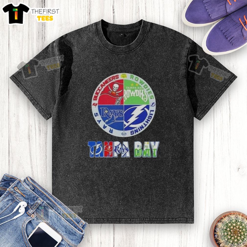 Pretty Tampa Bay Sports logos on a washed t-shirt featuring Buccaneers, Rowdies, Lightning, and Rays.