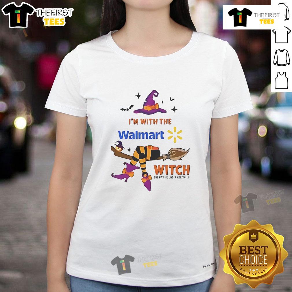 Pretty Walmart Halloween ladies tee featuring 'I'm with the witch, she has me under her spell' design for festive fun.