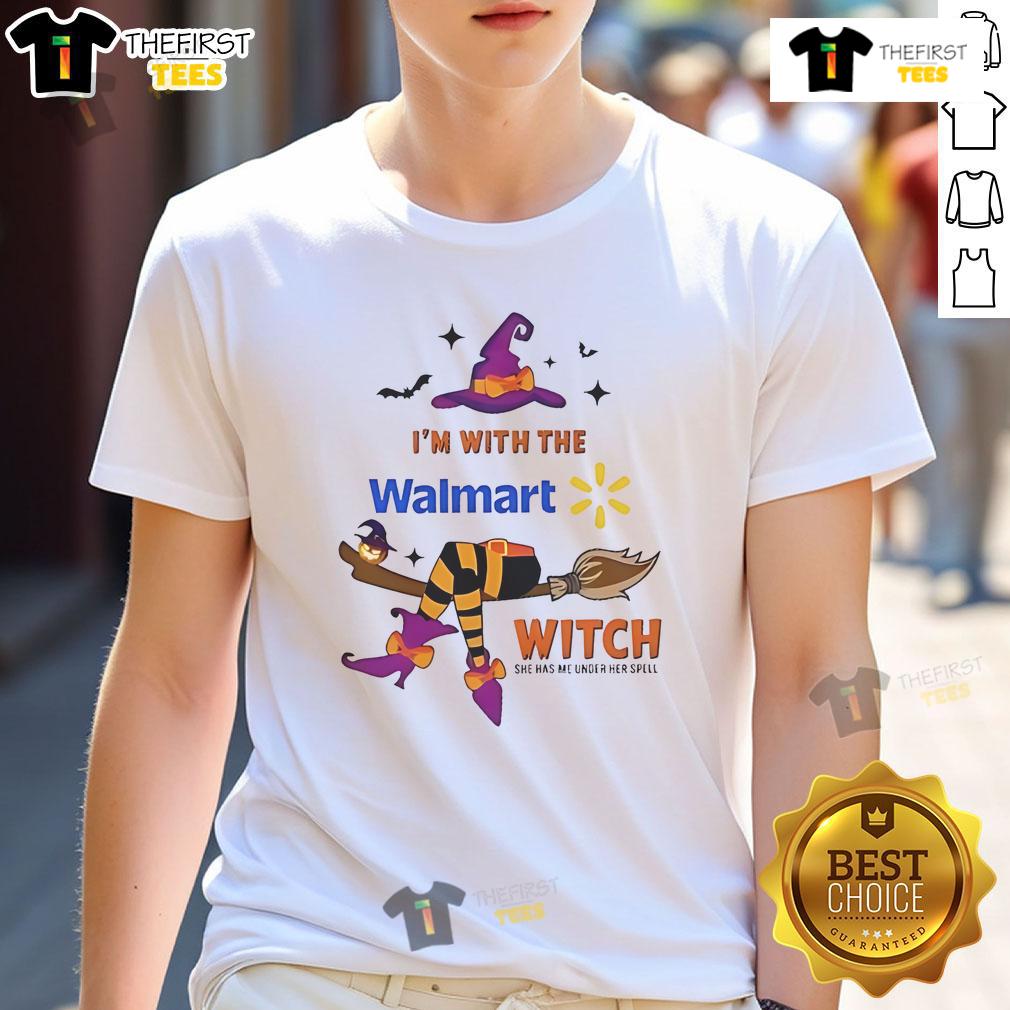 Alt Text: Pretty Walmart Halloween T-Shirt featuring 'I'M With The Witch She Has Me Under Her Spell' design for festive fun.