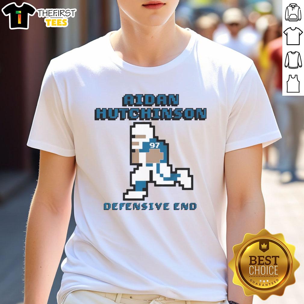 Top Aidan Hutchinson Detroit Lions Defensive End Pixel T-Shirt featuring vibrant pixel art design and team colors.