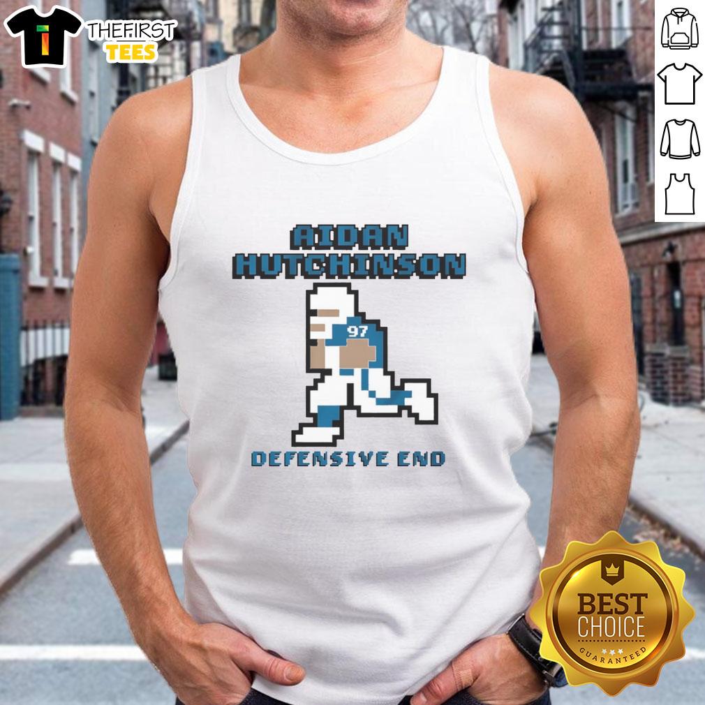 Aidan Hutchinson wearing a Detroit Lions pixel tank top, showcasing his style and team spirit as a defensive end.