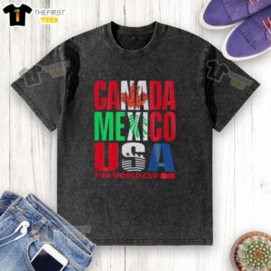 Top Canada Mexico USA FIFA World Cup 2026 washed t-shirt featuring vibrant national colors and iconic tournament logo.