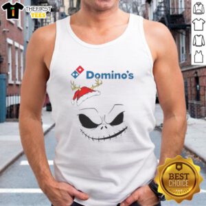 Top Jack Skellington X Dominos Merry Christmas tank top featuring festive design for Halloween and Christmas lovers.