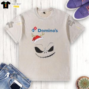 Top Jack Skellington X Dominos Merry Christmas washed t-shirt featuring a festive design perfect for holiday celebrations.
