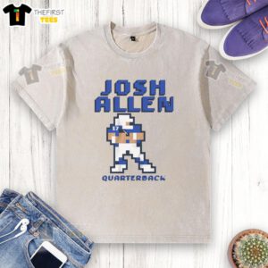 Alt Text: Top Josh Allen Buffalo Bills quarterback pixel washed t-shirt featuring vibrant colors and stylish design for fans.