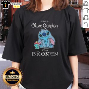 Alt Text: Cute Stitch I Work at Olive Garden, I'm Broken ladies tee featuring a playful design and comfortable fit.