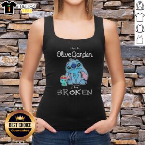 Cute Stitch tank top with 'I work at Olive Garden, I'm broken' text design, perfect for casual wear.