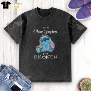 Cute Stitch I Work at Olive Garden I'm Broken washed t-shirt featuring a fun graphic design, perfect for casual wear.