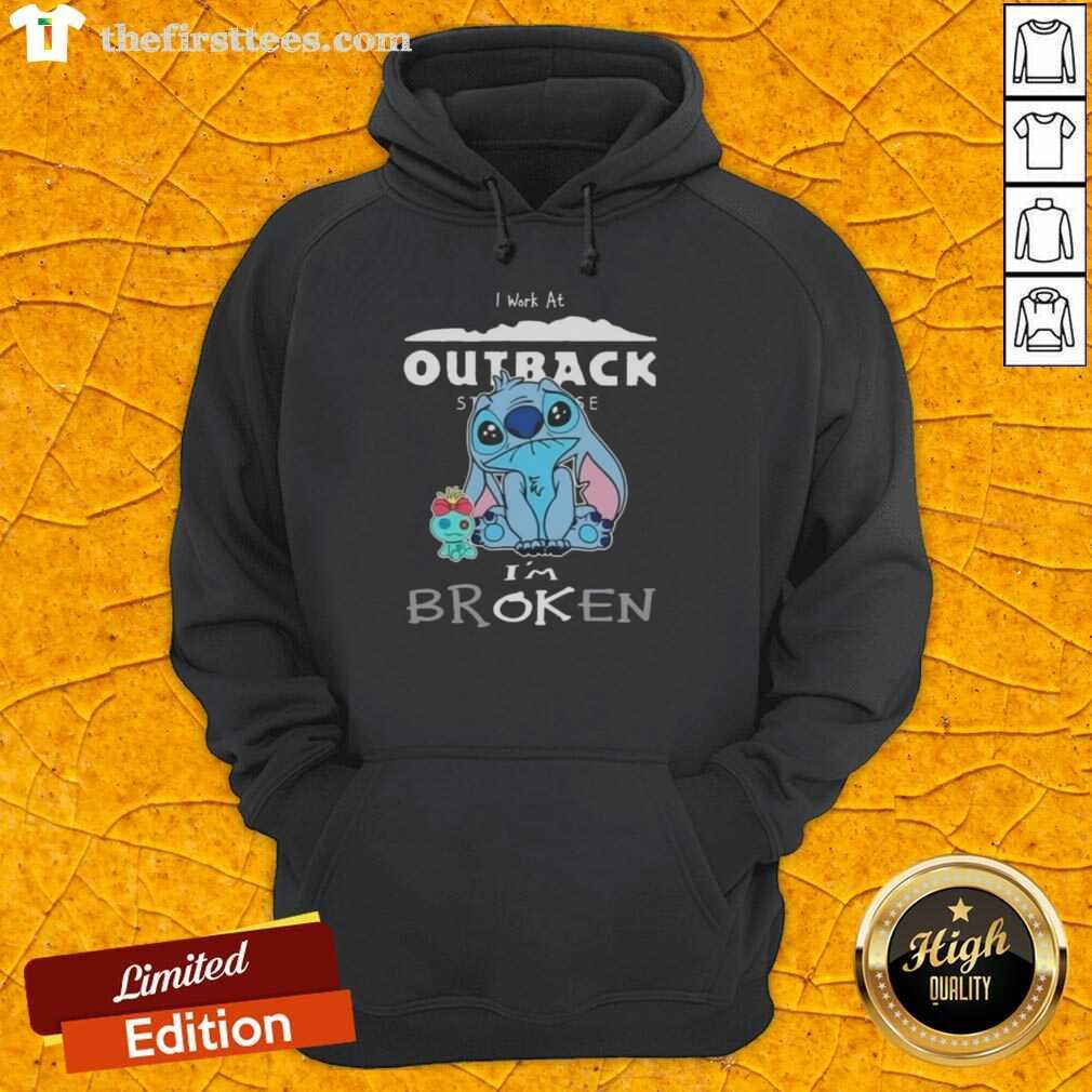 Alt Text: Cute Stitch hoodie for Outback Steakhouse staff with 'I'm Broken' design, perfect for casual work attire.