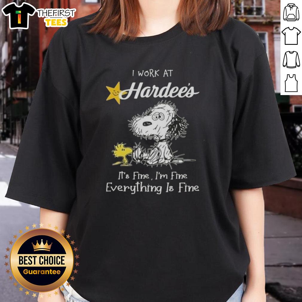 Alt Text: Cute Snoopy and Woodstock on a ladies tee, featuring I work at Hardee's, it's fine, I'm fine, everything is fine.