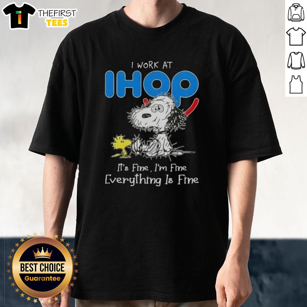 Alt Text: Cute tired Snoopy and Woodstock on a I Work At IHOP It's Fine I'm Fine Everything Is Fine t-shirt design.