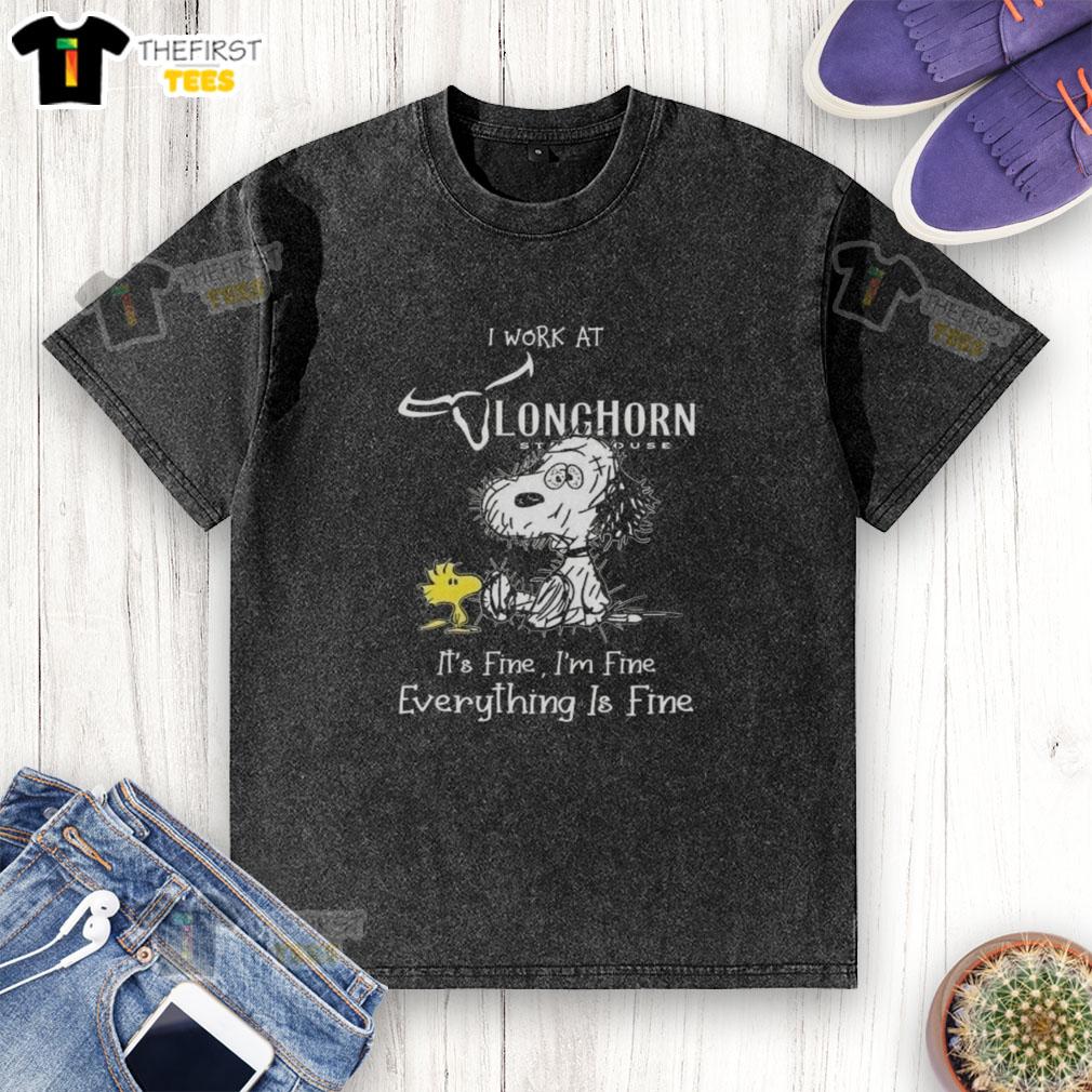 Alt Text: Cute Snoopy and Woodstock on a 'It's Fine' t-shirt, perfect for Longhorn Steakhouse fans who love comfort.