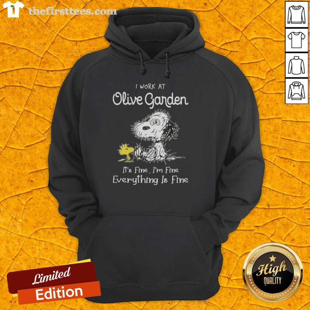 Cute Snoopy and Woodstock wearing 'I work at Olive Garden, it's fine' hoodie, showcasing a fun and cozy design.