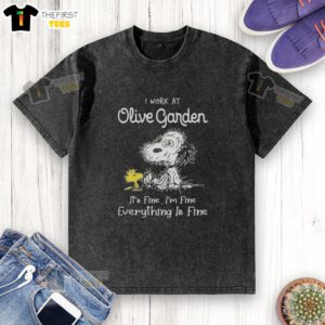 Alt Text: Cute Snoopy and Woodstock on a 'I Work at Olive Garden' t-shirt, showcasing a relaxed, tired vibe.